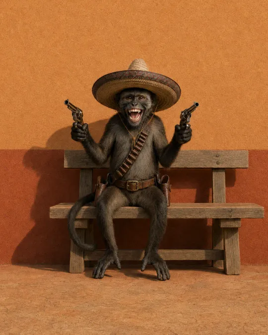A monkey in a sombrero holding two revolvers on a bench against an orange wall.