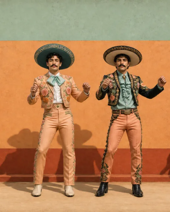 Carlos and Juan wearing floral suits and sombreros in front of an orange wall.