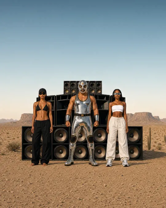 Excelso Libre in a mask and glittering suit between two dancers in front of stacked speakers.
