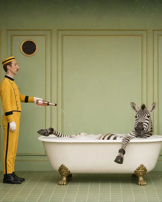 Hotel bellhop Jean-Pierre pours champagne for Bruno the zebra in a bathtub.