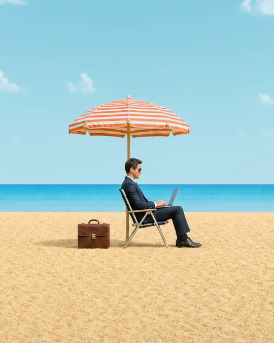 Julian works on his laptop in a suit under a beach umbrella.