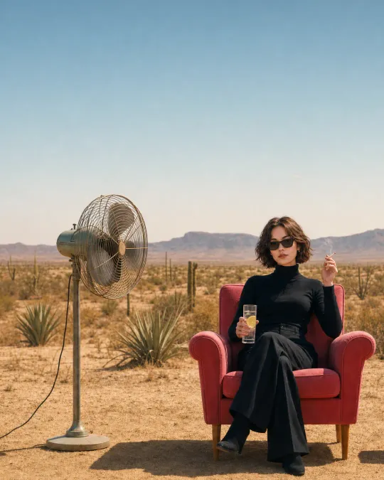 Victoria “Vicky” Vance sits in a red armchair in the desert, wearing sunglasses and holding a drink.